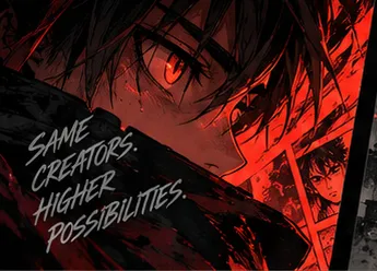 Close-up of an anime hero with glowing red eyes, manga panels behind him