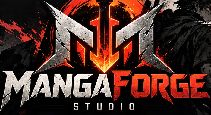 MangaForge Studio logo: a forged steel M split by a glowing sword
